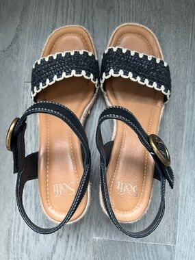 Sofft Black Inez Woven-Front Sandals with Cream Trim and Gold Buckle